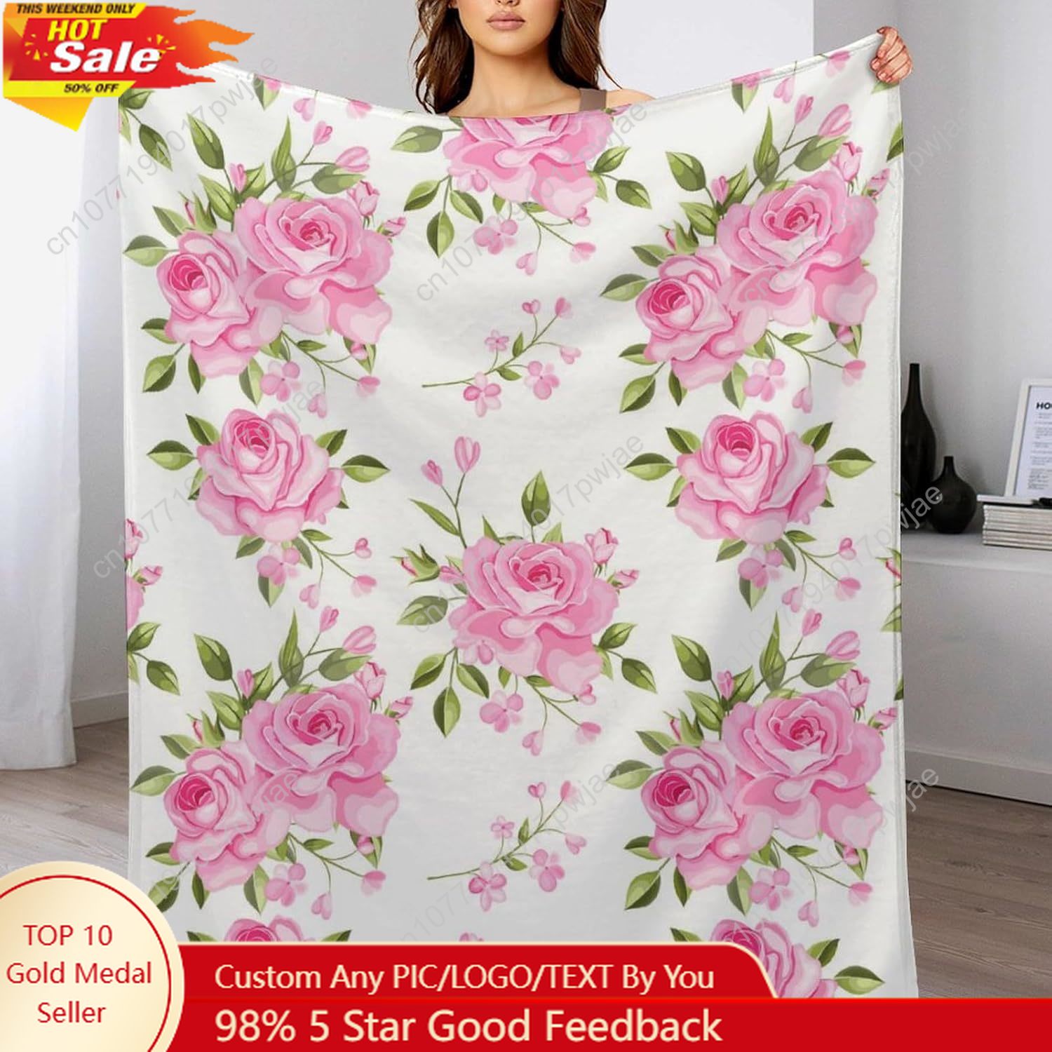 Home Textiles & Furnishings - Selimut Bunga Merah Muda Dekorasi Floral