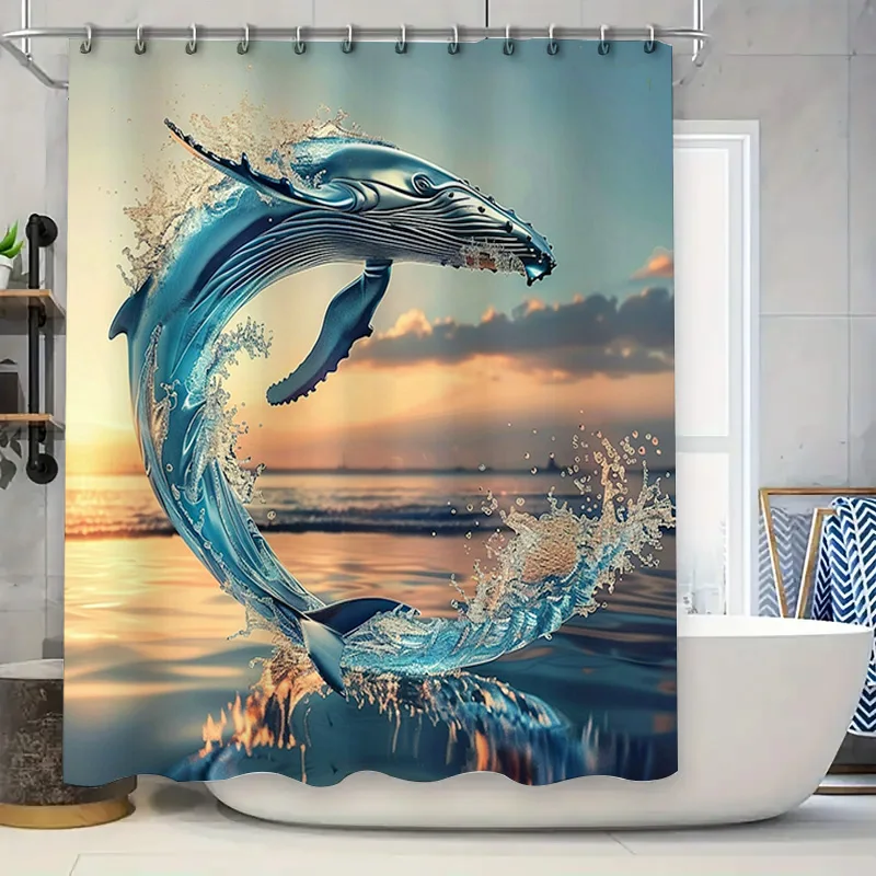 Home Textiles Luxury Curtains - Tirai Mandi Gambar Paus Biru Dekorasi
