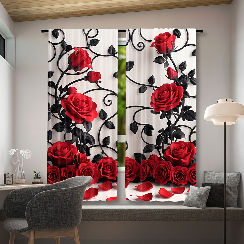 Tirai Pola Bunga Mawar Merah M - Home Textiles Luxury Curtains ulasan dan harga